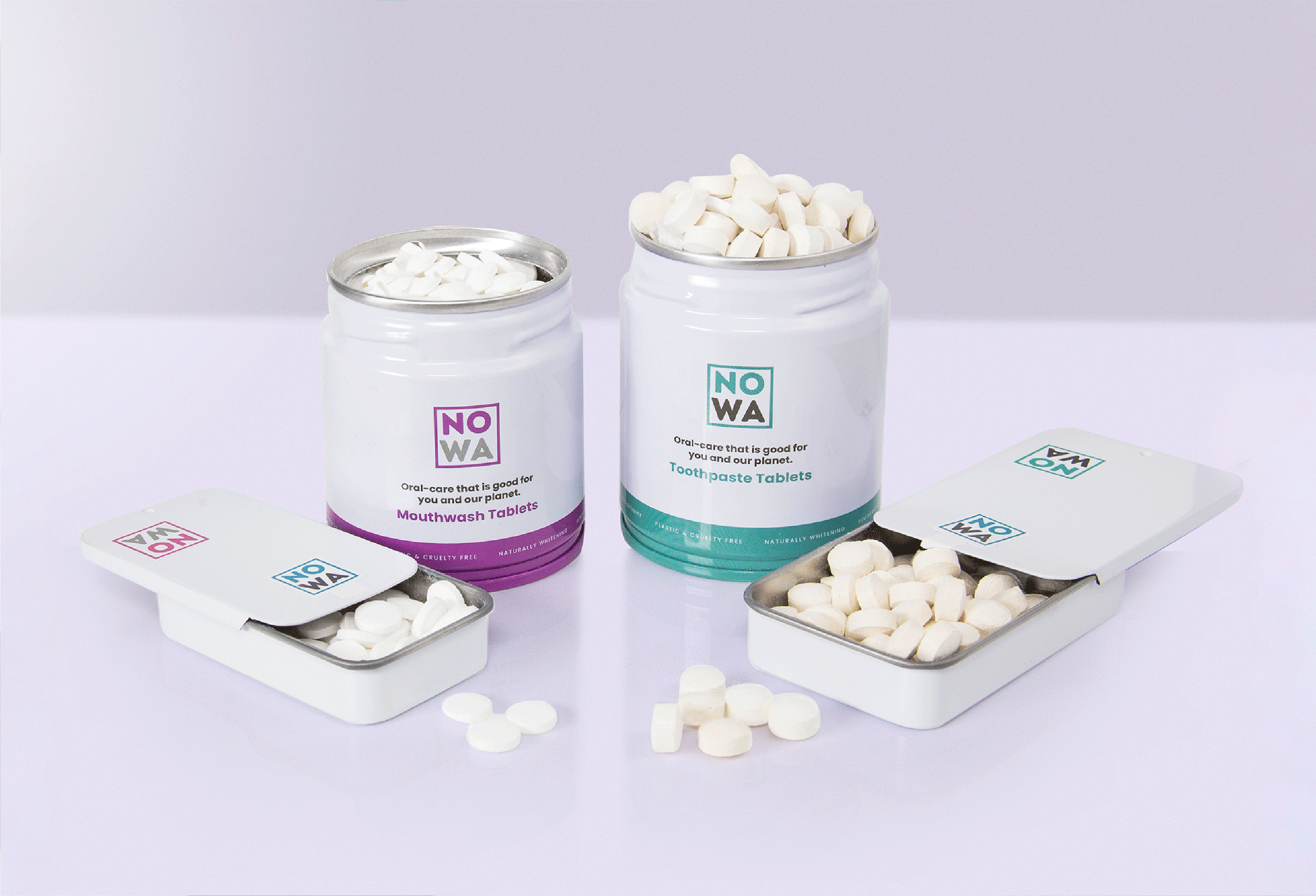 Nowa toothpaste and mouthwash tablets in refillable tins and jars